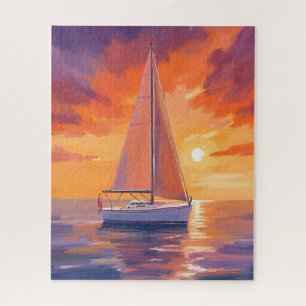 Sailing at Sunset Coastal Ocean Painting Jigsaw Puzzle
