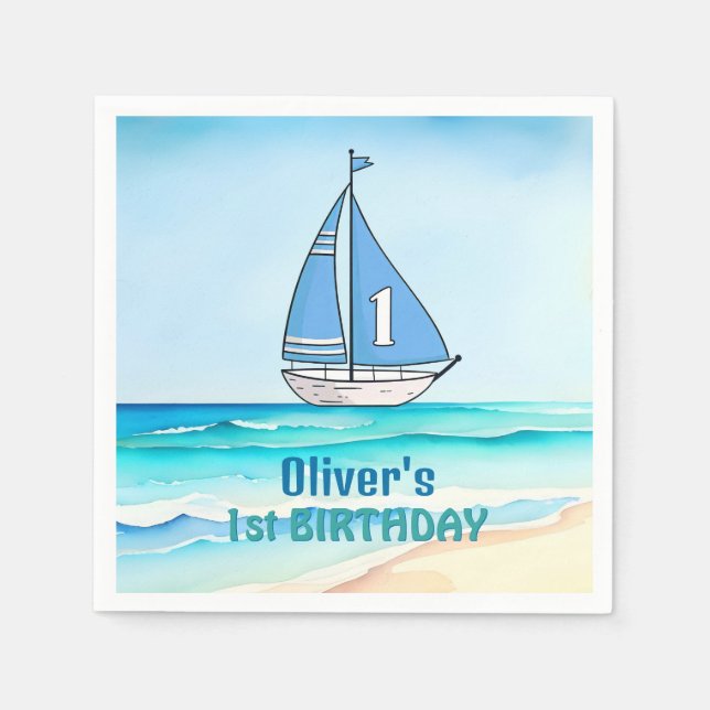 Sailing Boat 1st Birthday Party Napkin (Front)