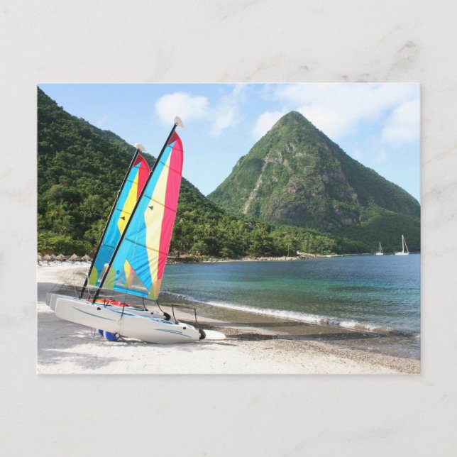 Sailing Boat and water sports equipment on a beach Postcard (Front)
