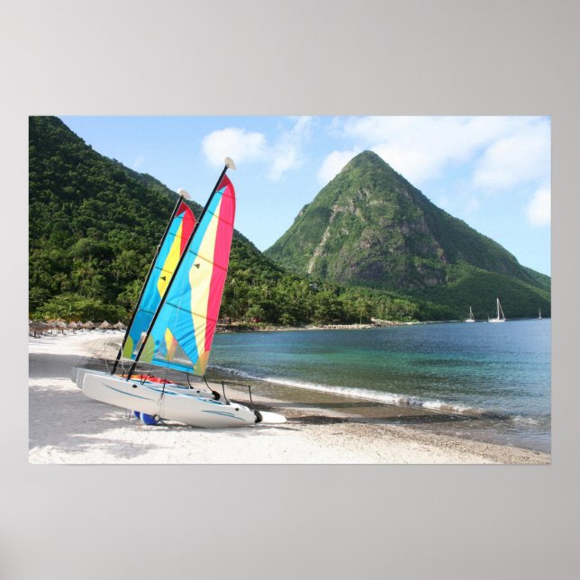 Sailing Boat and water sports equipment on a beach Poster (Front)