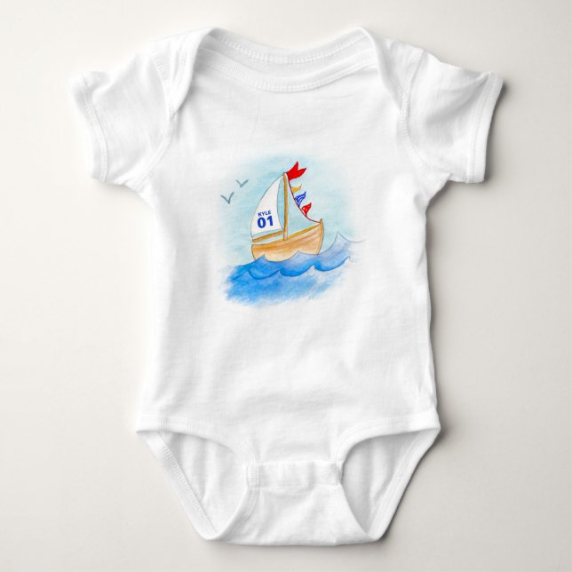 Sailing boat art name number on sail t-shirt baby bodysuit (Front)