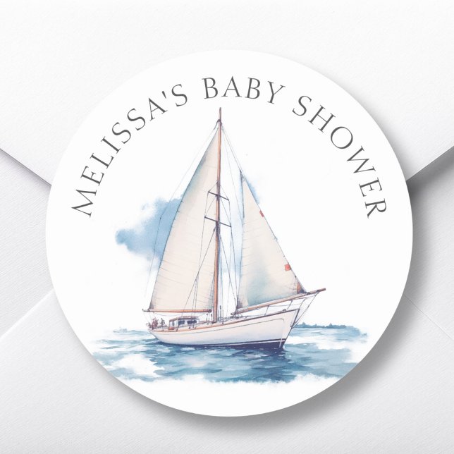 Sailing Boat Baby Shower Favour Classic Round Sticker (Creator Uploaded)