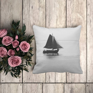 Sailing boat black and white peaceful photo cushion