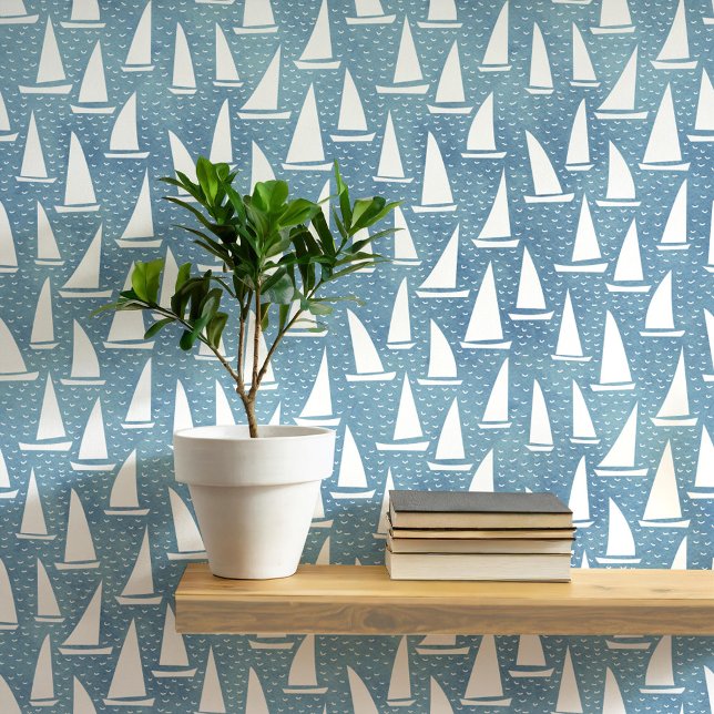 Sailing Boat Coastal Blue and White Wallpaper (Sailing boat or yacht nautical coastal blue and white art wallpaper by Nic Squirrell)