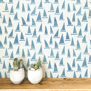 Sailing Boat Coastal Blue and White Wallpaper
