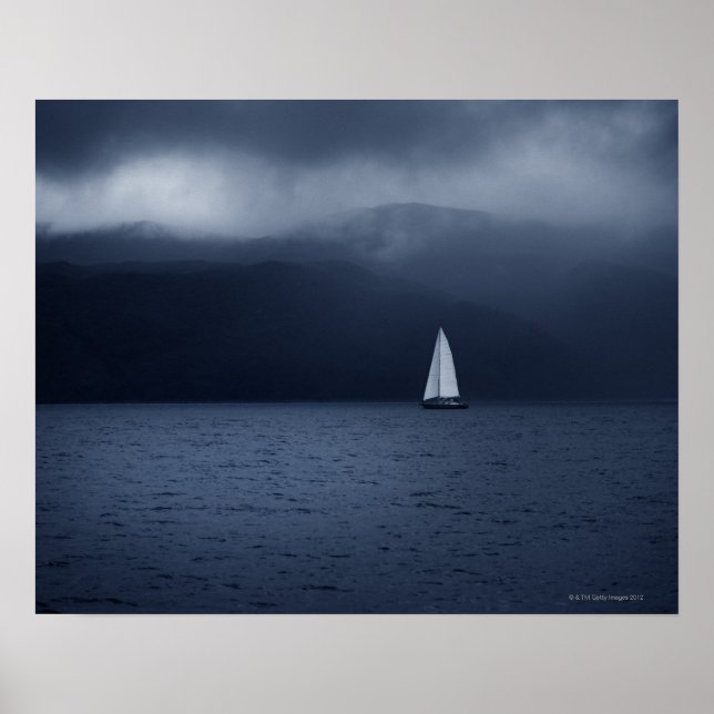 Sailing boat in stormy weather in Scottish Poster (Front)