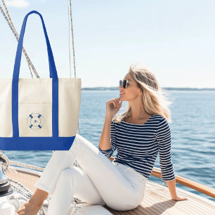 Sailing Boat Life Ring Monogrammed Contrast Trim Tote Bag