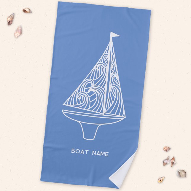 Sailing Boat Name Nautical  Beach Towel (Sailing boat nautical personalized boat name beach towel)