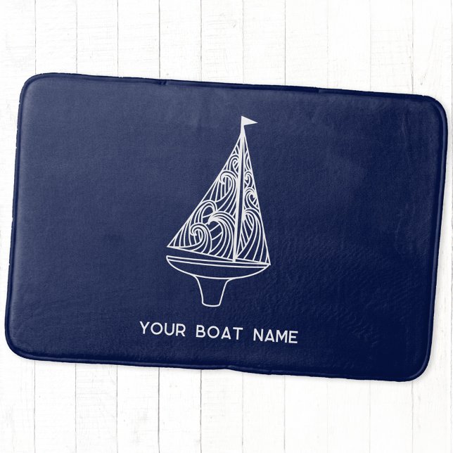 Sailing Boat Name Nautical Navy Blue Bath Mat (Personalized boat name sailing boat or yacht navy blue bath mat)