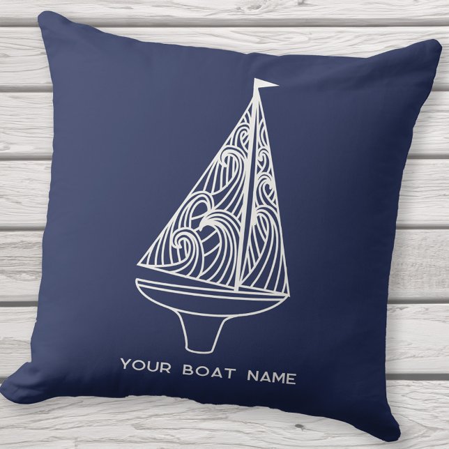 Sailing Boat Name Nautical Navy Blue Cushion (Your boat name custom text sailing boat yacht navy blue outdoor throw pillow)