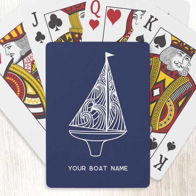 Sailing Boat Name Nautical Navy Blue Playing Cards (Your boat name custom text sailing boat yacht navy blue playing cards)