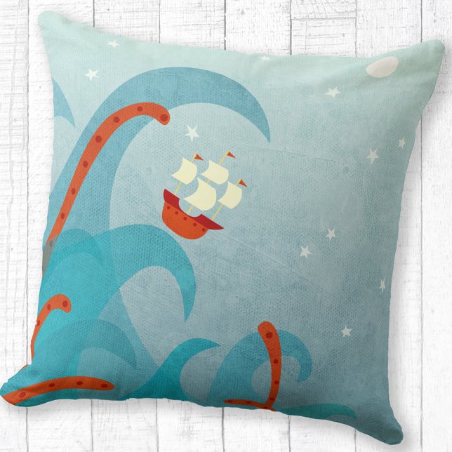 Sailing Boat Nautical Cushion (Sailing boat wna sea monster fun throw pillow)