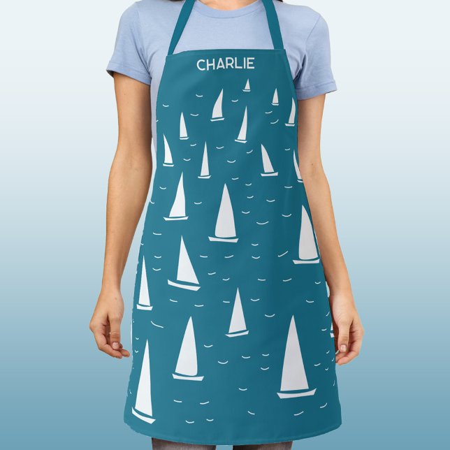 Sailing Boat Nautical Personalised Apron (Personalized custom name sailing boat yacht nautical apron)