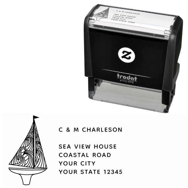 Sailing Boat Personalised Address Self-inking Stamp (Sail boat and custom boat name sailing personalized address self inking stamp)