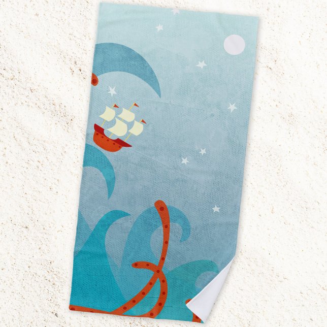Sailing Boat Sea Monster Beach Towel (Sea monster sailing ship fun beach towel)