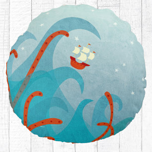 Sailing Boat Sea Monster Fun Round Cushion