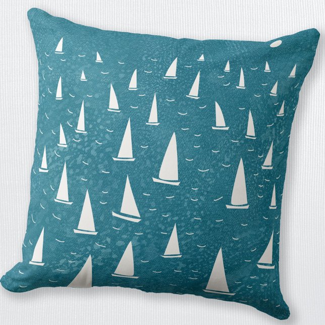 Sailing Boat Seascape Cushion (Sailing boat regatta nautical teal throw pillow)
