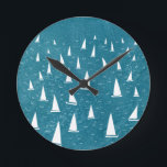 Sailing Boat Seascape  Round Clock<br><div class="desc">A sailing boat race on a teal green ocean.  Perfect for your favourite sailor,  yacht racer,  and regatta fan.  Original nautical art by Nic Squirrell.</div>