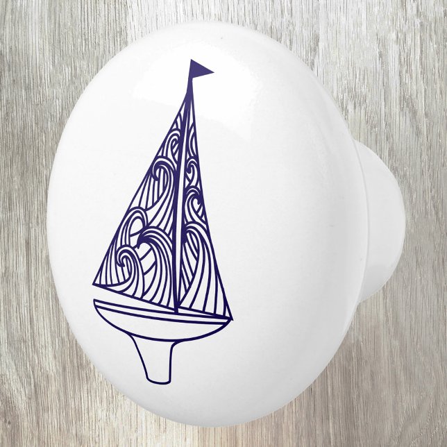 Sailing Boat Yacht Nautical Ceramic Knob (Sailing boat yacht navy ble and white ceramic door pull or knob for boat, beach or lake house)