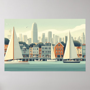 Sailing Boats Graphic Illustration Drawing Poster