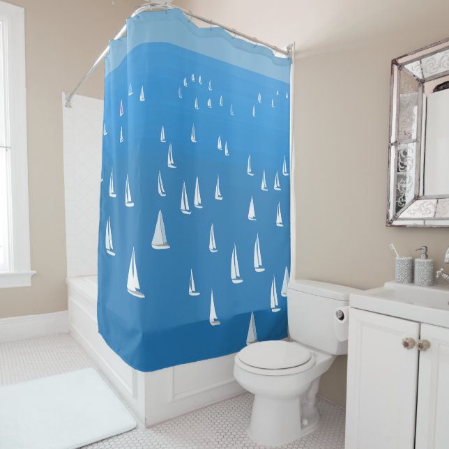 Sailing Boats in deep blue Sea - Regatta Sailboats Shower Curtain (In Situ)