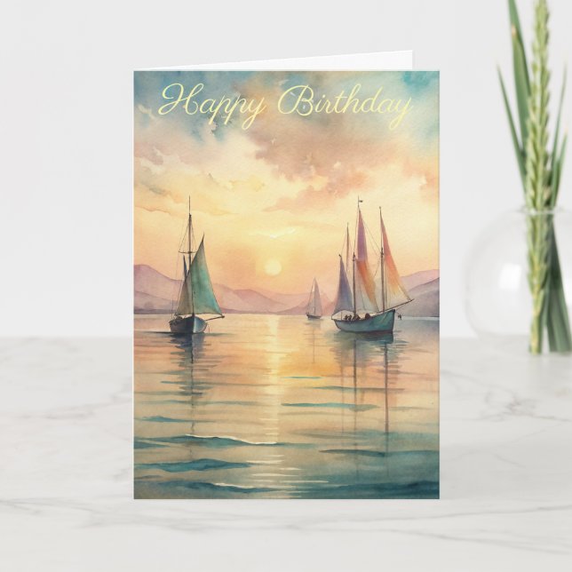 Sailing Boats in Sunset Birthday Card (Front)