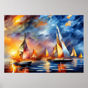 Sailing boats race abstract modern blue gold red poster