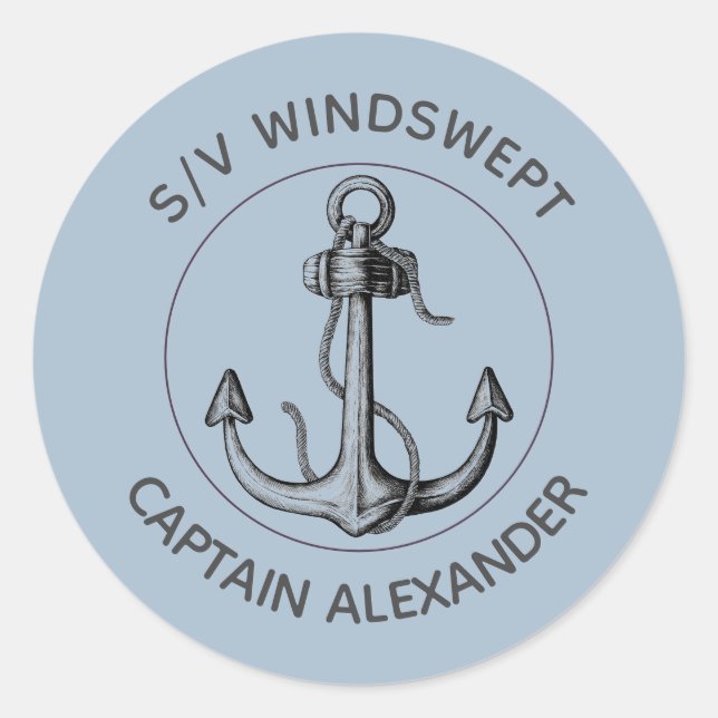 SAiling Captain and Boat Name Custom Rustic Anchor Classic Round Sticker (Front)