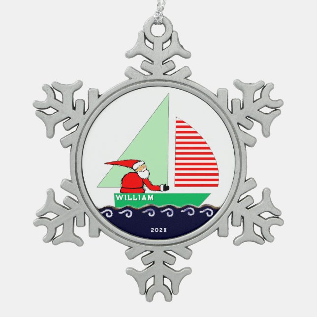 Sailing Christmas Collectable Snowflake Pewter Christmas Ornament (Front)