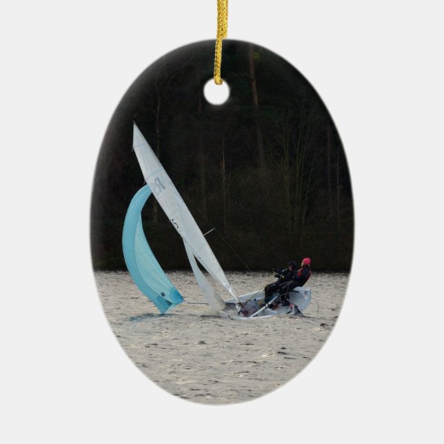 Sailing Dinghy At Speed Ceramic Tree Decoration (Front)