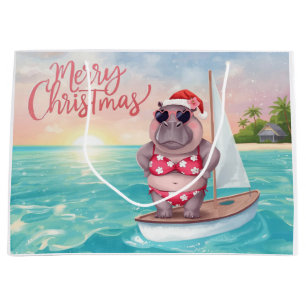 Sailing Hippo Christmas Bikini on big wave Large Gift Bag