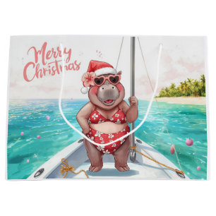 Sailing Hippo Christmas Bikini on big wave Large Gift Bag