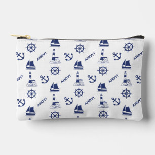 Sailing Illustrative 2Way Pattern White+Navy Blue Accessory Pouch
