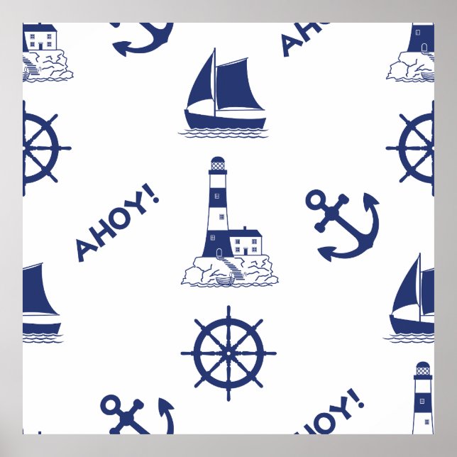 Sailing Illustrative Big Pattern Navy Blue Poster (Front)