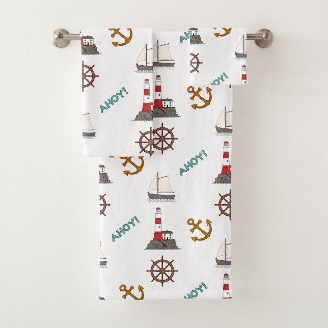 Sailing Illustrative Pattern Colour on White Bath Towel Set (Insitu)