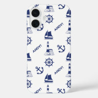 Sailing Illustrative Pattern Navy Blue+White