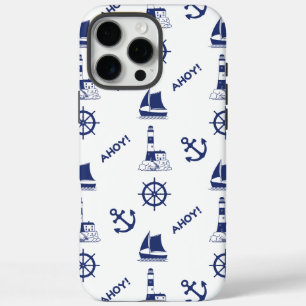 Sailing Illustrative Pattern Navy Blue+White iPhone 16 Pro Max Case