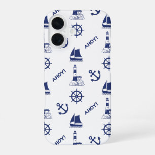 Sailing Illustrative Pattern Navy Blue+White iPhone 16 Case
