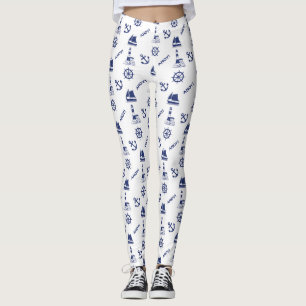 Sailing Illustrative Pattern Navy Blue+White Leggings