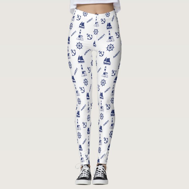 Sailing Illustrative Pattern Navy Blue+White Leggings (Front)