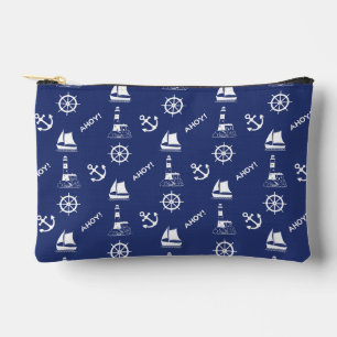 Sailing Illustrative Pattern White+Navy Blue Accessory Pouch