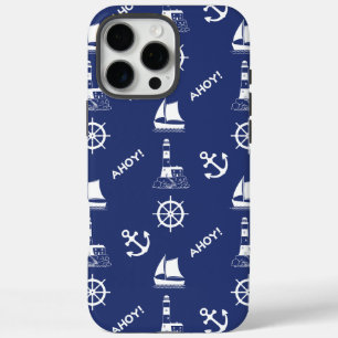 Sailing Illustrative Pattern White+Navy Blue iPhone 16 Pro Max Case