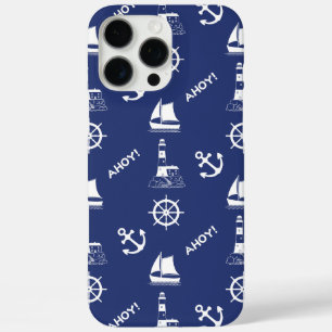 Sailing Illustrative Pattern White+Navy Blue iPhone 16 Pro Max Case