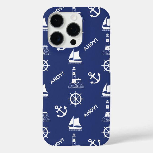 Sailing Illustrative Pattern White+Navy Blue Case-Mate iPhone Case (Back)