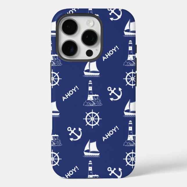 Sailing Illustrative Pattern White+Navy Blue Case-Mate iPhone Case (Back)