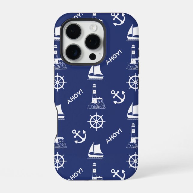 Sailing Illustrative Pattern White+Navy Blue iPhone Case (Back)
