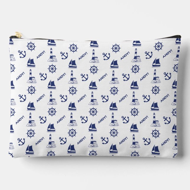 Sailing Illustrative Sml Ptn Navy Blue+White Accessory Pouch (Front)