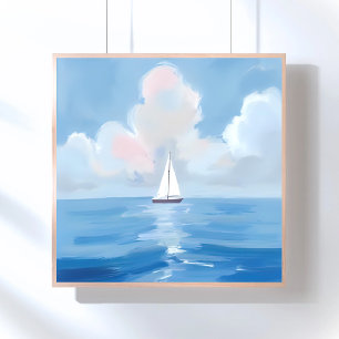 Sailing in Blue   Coastal Sailboat Ocean Painting Poster