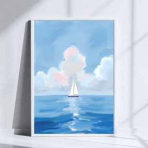 Sailing in Blue Coastal Sailboat Ocean Painting Poster