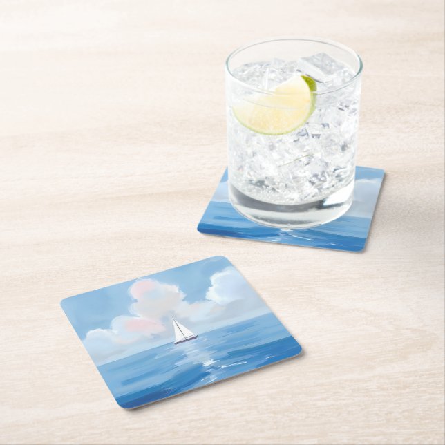 Sailing in Blue | Coastal Sailboat Ocean Painting Square Paper Coaster (Insitu)